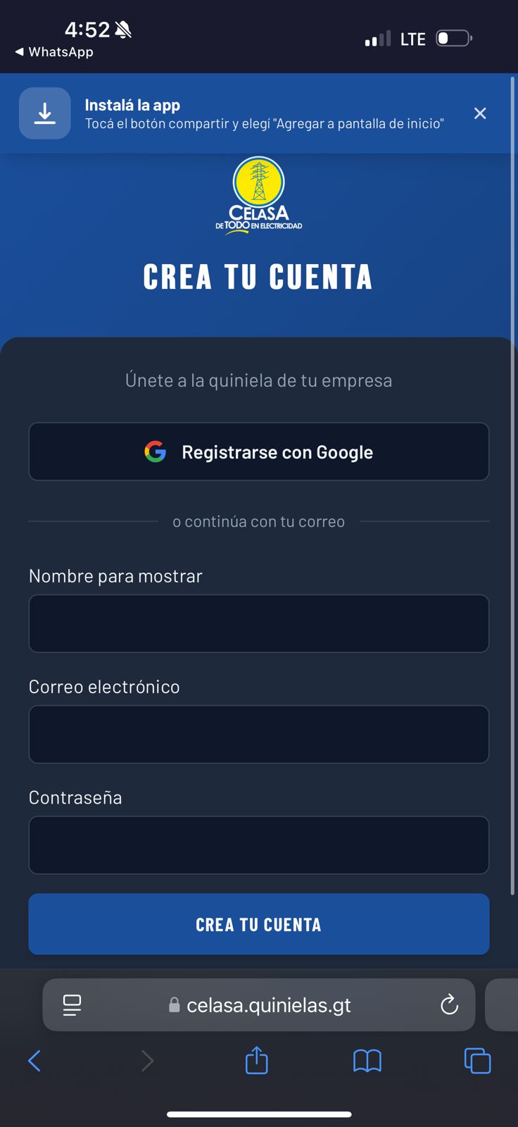 Pantalla para crear tu cuenta en la Quiniela CELASA