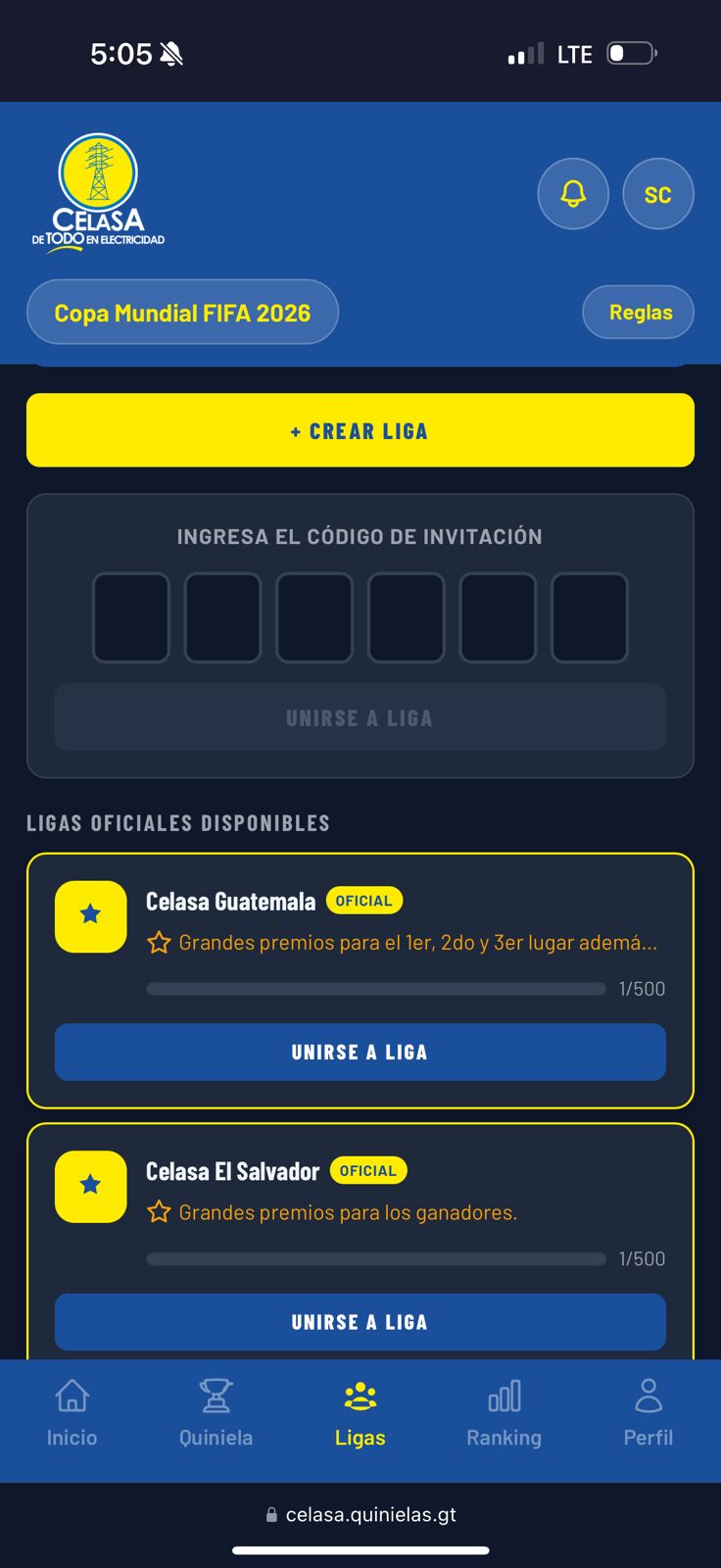 Pantalla de ligas oficiales