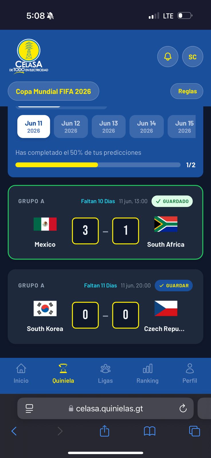 Pantalla para ingresar resultados de la quiniela