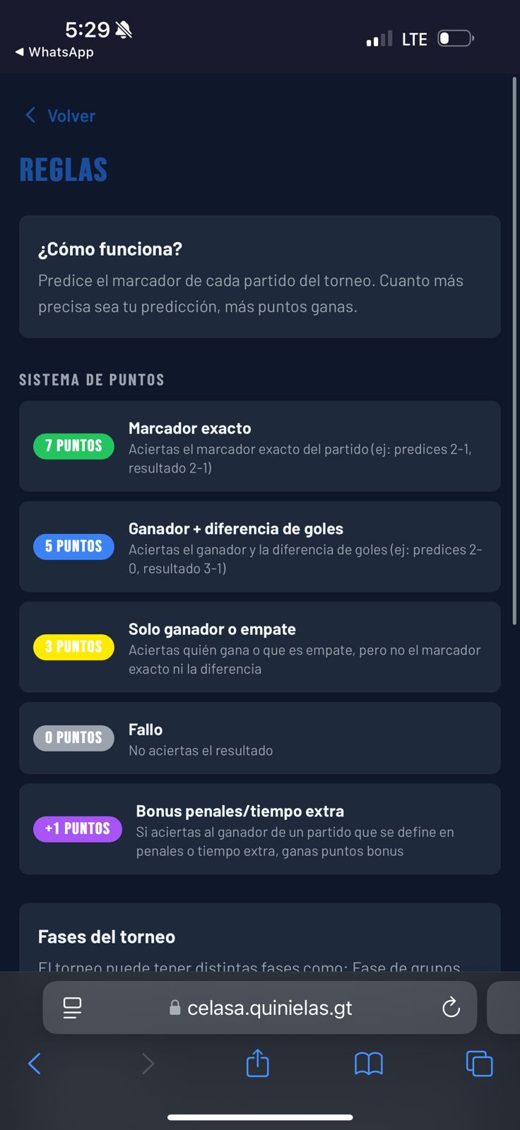 Pantalla con las reglas de la quiniela