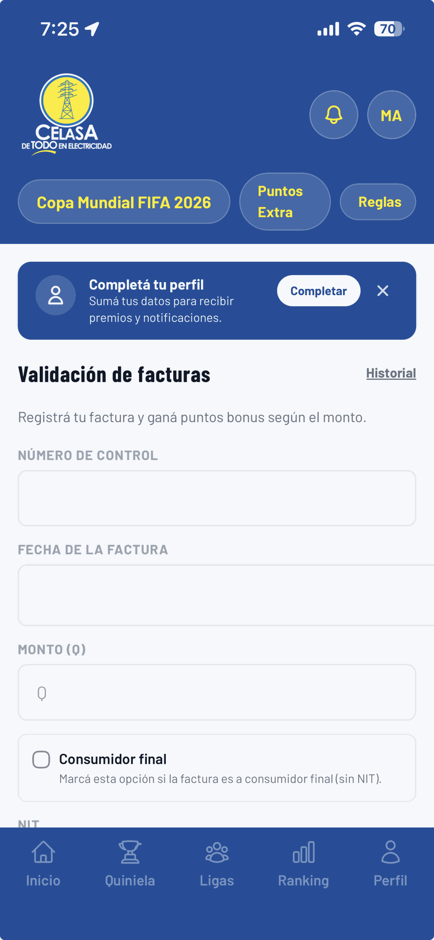 Pantalla de validación de facturas en la app de Quiniela CELASA